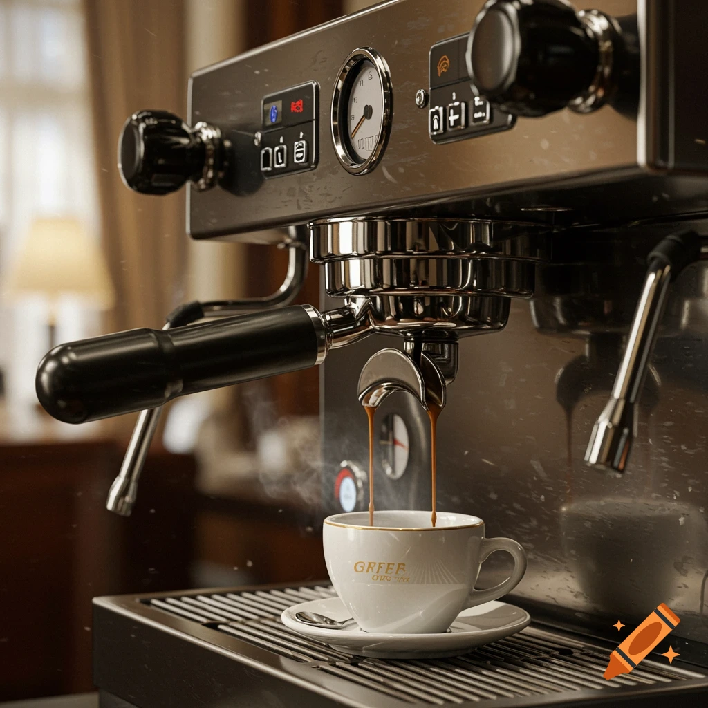Photorealistic close-up of a stainless steel coffee machine brewing espresso into a white cup, with steam rising.