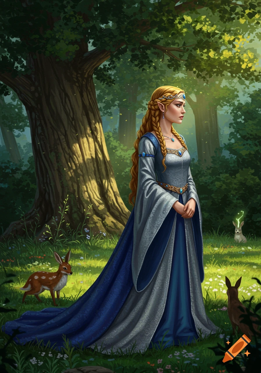 A blonde elf woman in an ornate blue and gray dress stands in a vibrant forest with deer.