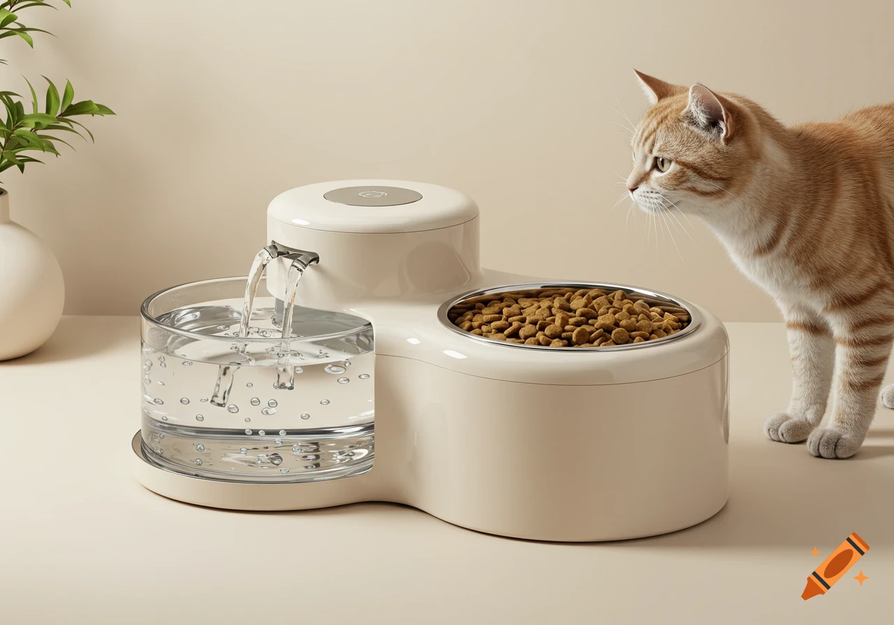 Orange tabby cat looks at a modern beige automatic pet food and water dispenser with flowing water, product photography style.