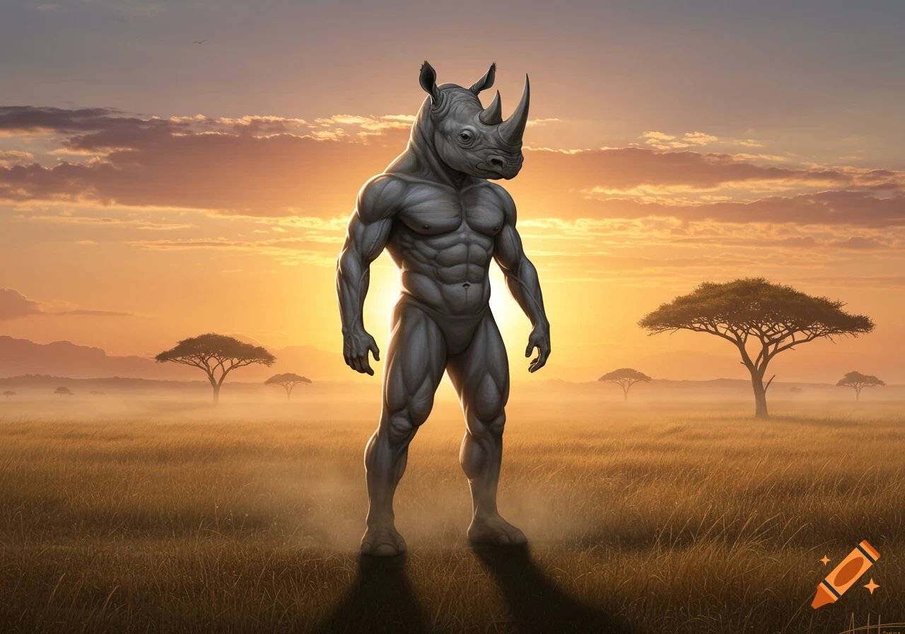 A muscular rhino-headed man stands in a savanna landscape at sunset, with acacia trees and a misty horizon.
