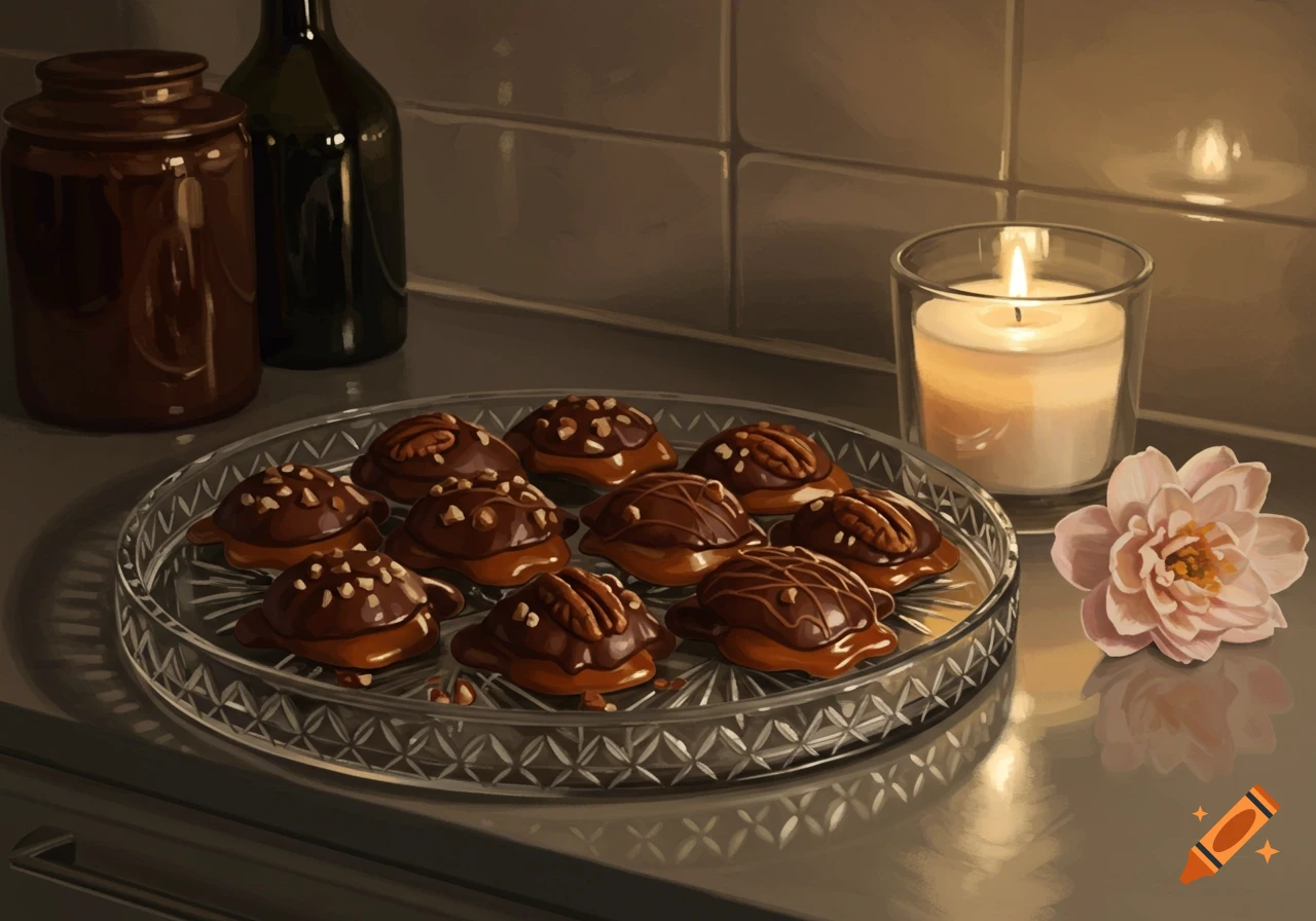 Illustrative painting of chocolate turtles on a crystal tray, with a lit candle and flower on a kitchen counter.