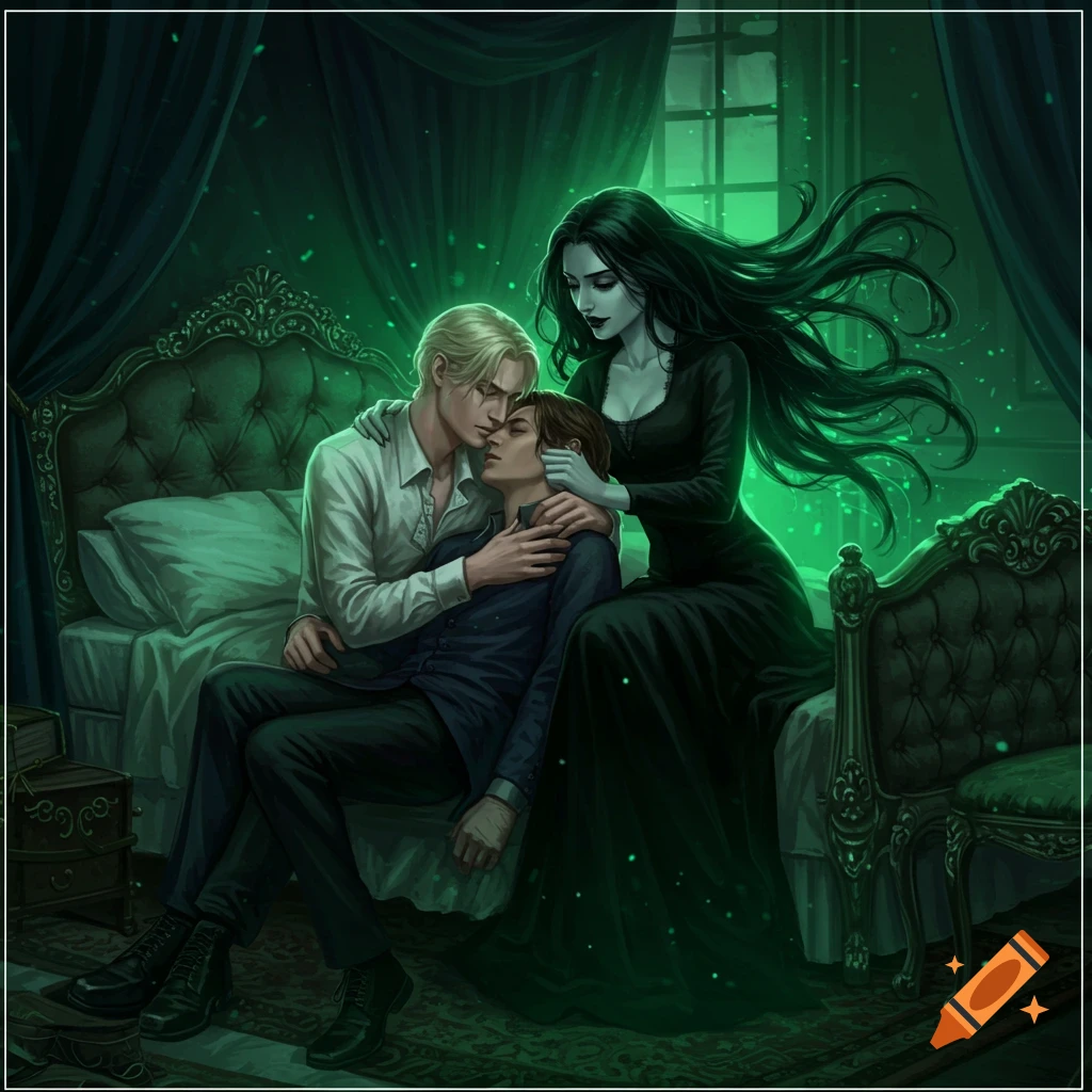 Digital painting of a dark-haired woman in a long dress sitting on a bed, looking at two men embracing, illuminated by green light in a gothic bedroom.