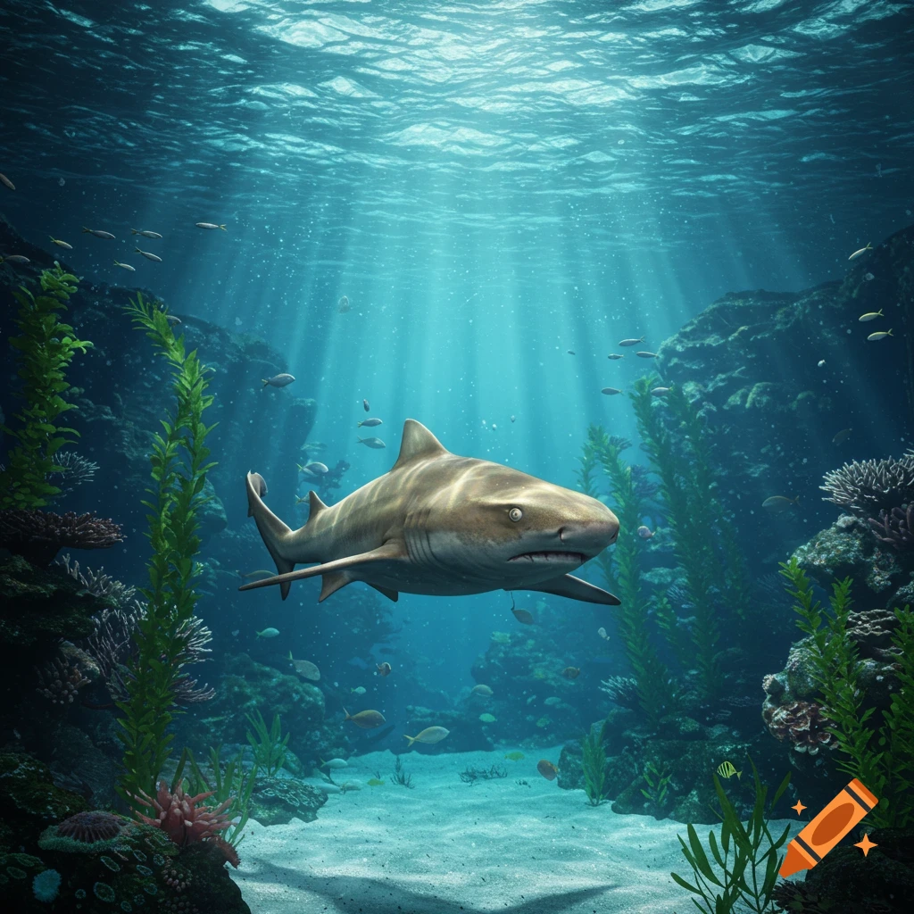 A realistic shark swims through a vibrant underwater coral reef, illuminated by sunbeams from above.