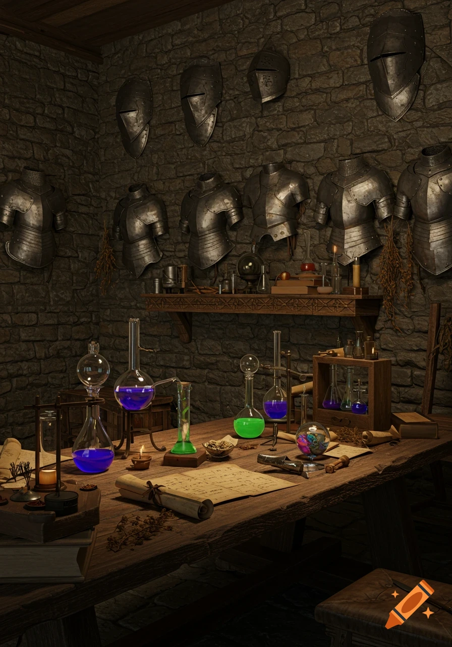A detailed, photorealistic image of a medieval alchemy lab inside a stone castle, with armor on the wall and glowing potions on a wooden table.