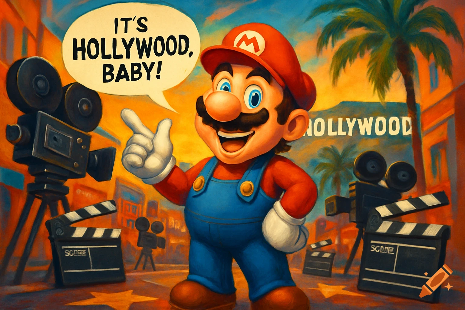Mario in a speech bubble saying "IT'S HOLLYWOOD, BABY!" on a movie set with cameras, clapboards, and the Hollywood sign in a digital painting style.