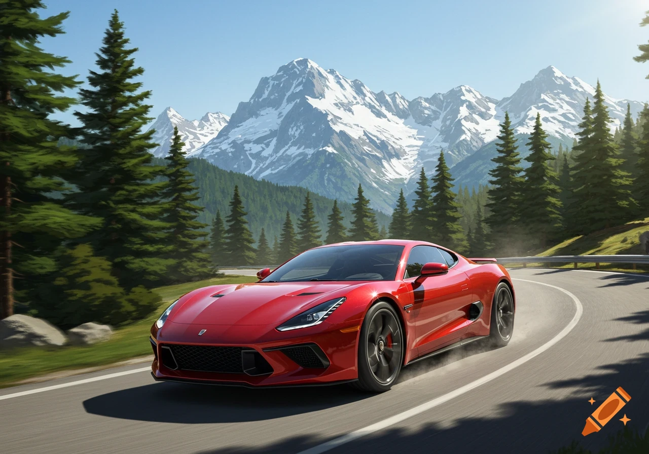 A red sports car drives on a winding road through a mountainous landscape with pine trees under a clear blue sky.
