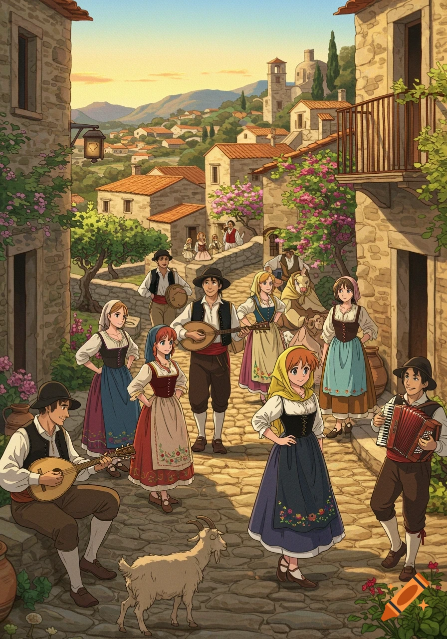 Anime-style illustration of Sardinian villagers in traditional attire, playing folk instruments on a cobblestone street in a sunny village.