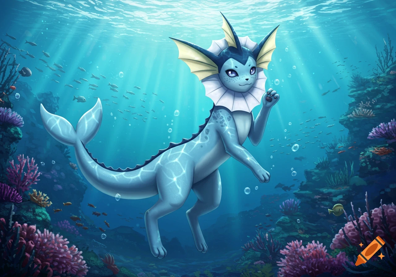 A blue Vaporeon with a shark-like tail and unique markings swims in a vibrant underwater coral reef with fish.