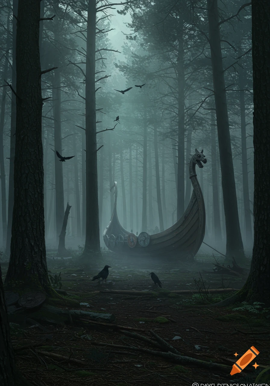 A dark, misty forest scene with tall, dense trees. A Viking longship with a dragon figurehead rests on the forest floor, surrounded by several black ravens. Light filters through the distant mist.