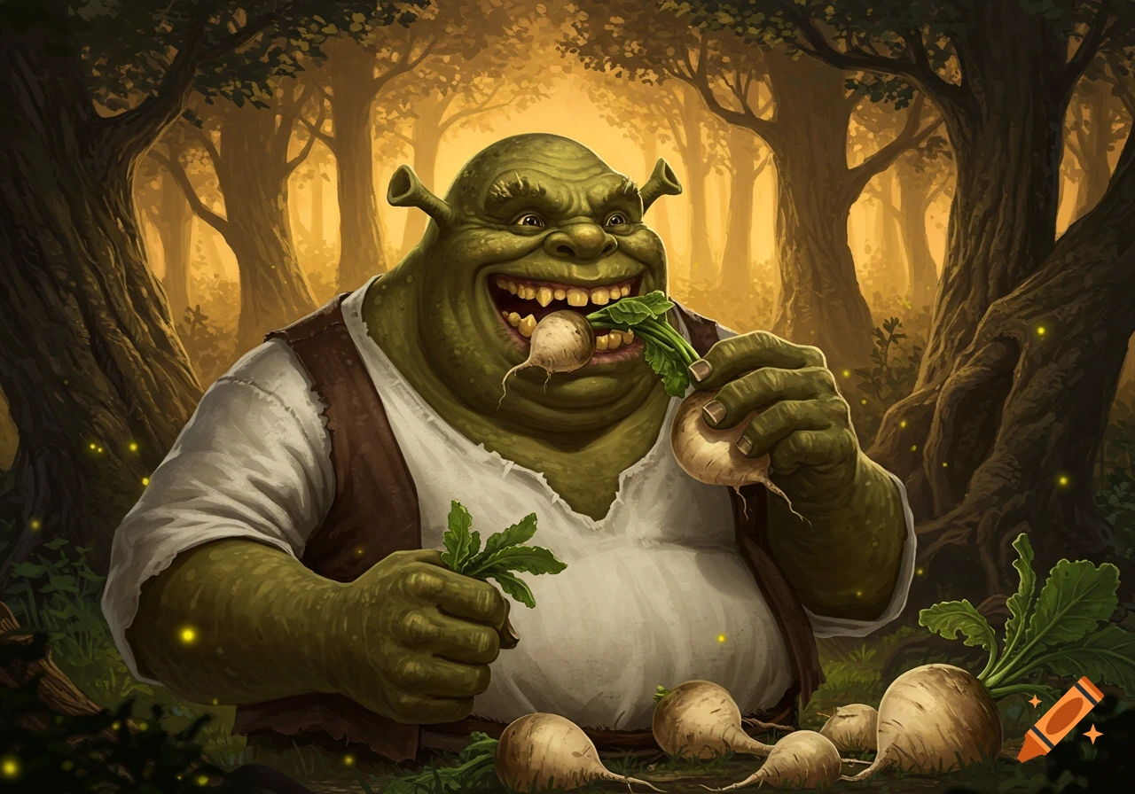 A grinning green ogre eats a turnip in a golden forest, holding another, with more turnips around him.