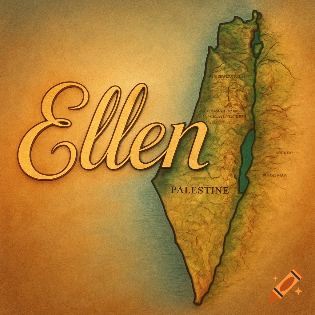 A vintage-style illustration featuring the name "Ellen" in a golden script font, with the last letter merging into a textured map of Palestine. The word "PALESTINE" is also visible on the map.