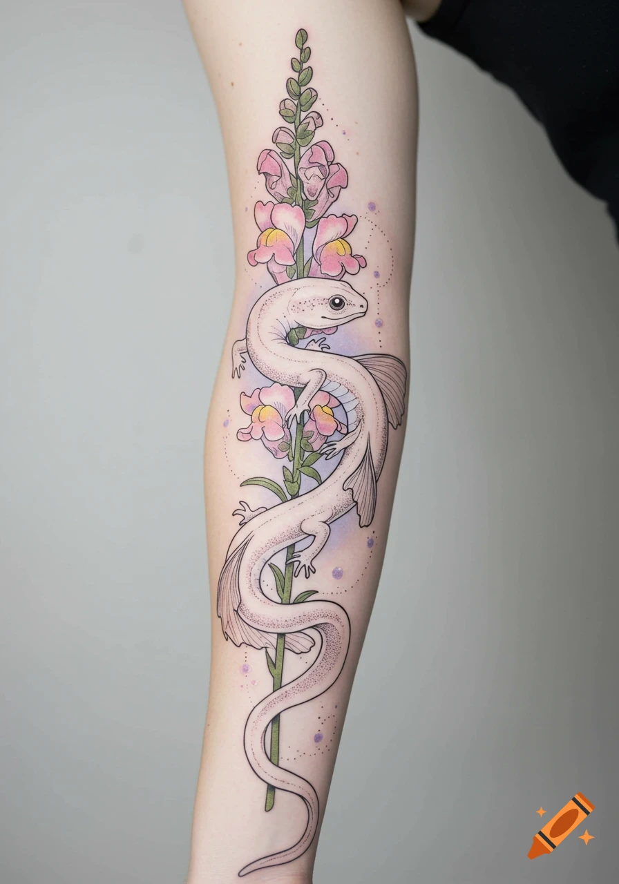 Fine line tattoo of a white olm entwined with pink snapdragon flowers on an arm, with pastel colors and dot work.
