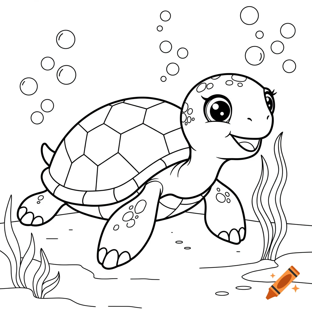 Cute cartoon turtle swimming underwater line art for a coloring book.