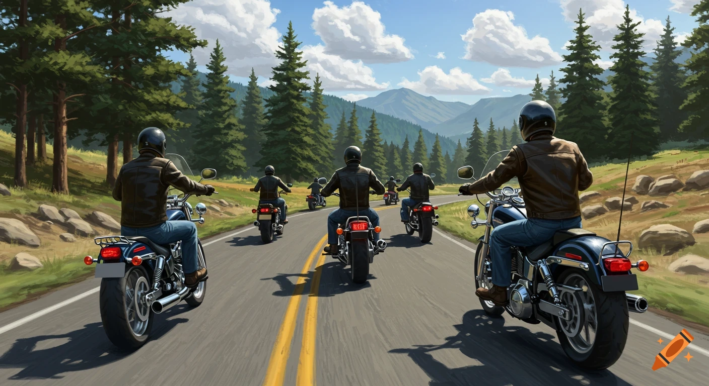 A group of motorcyclists ride away from the camera on a scenic road through a sunny mountain landscape with pine trees.