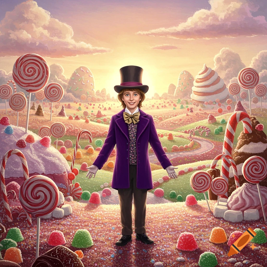 A young boy dressed as Willy Wonka stands in a vibrant, fantastical candy land with giant lollipops and sweets.