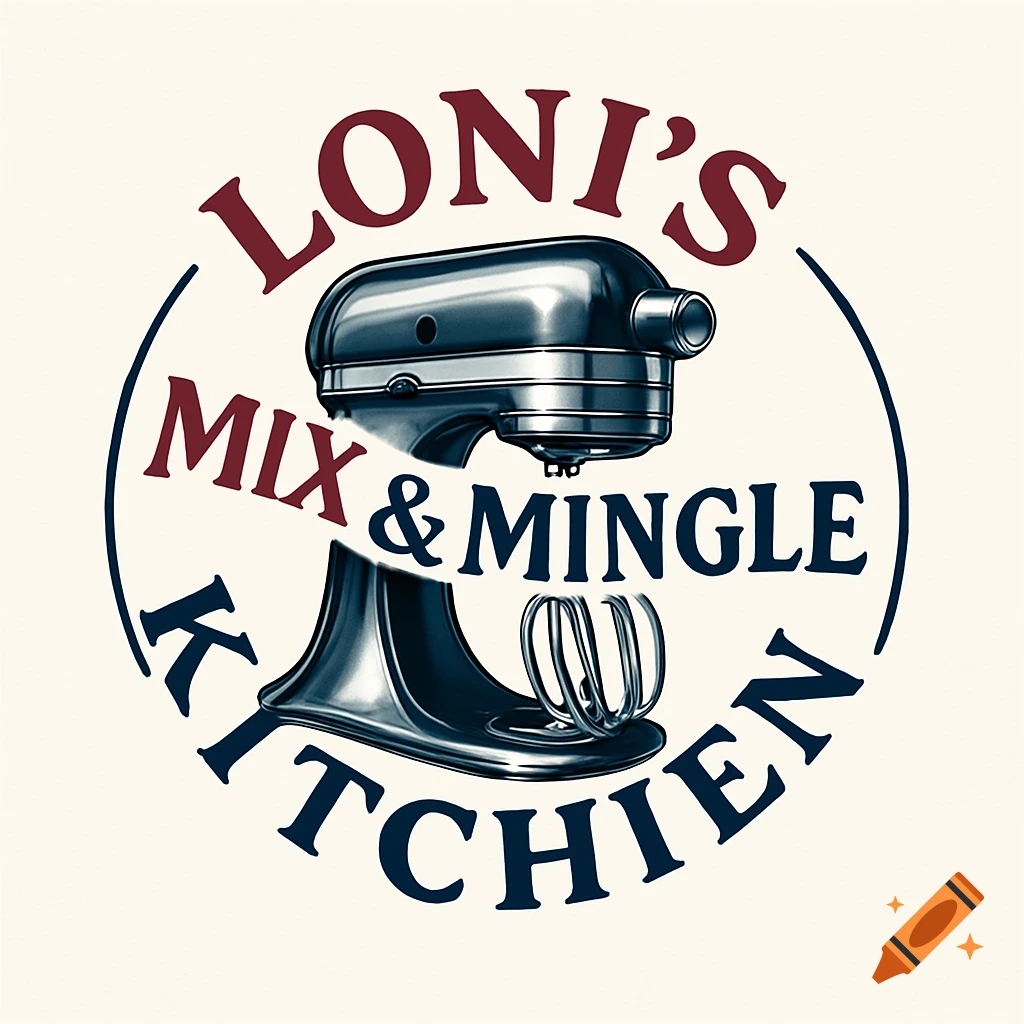A logo for Loni's Mix & Mingle Kitchen, featuring a blue stand mixer with the business name in red and blue text.