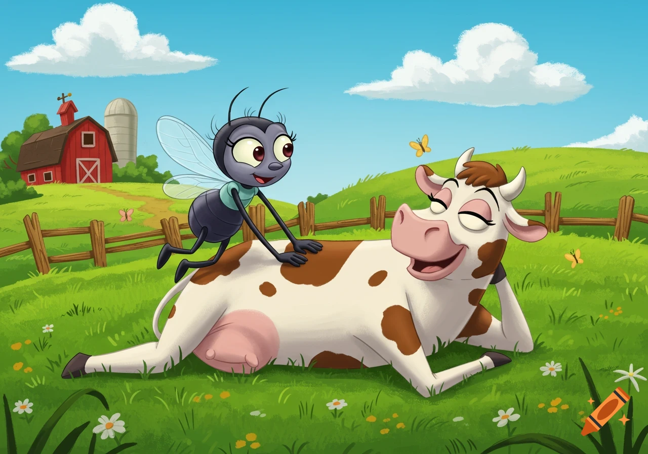 A cartoon fly gives a happy cow a belly rub in a green field with a red barn in the background.