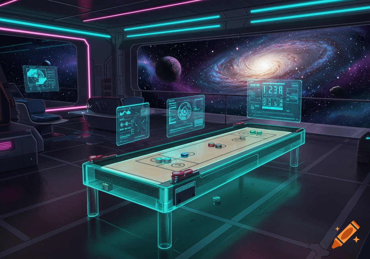 A vibrant futuristic shuffleboard table with neon accents inside a spaceship, looking out at a galaxy and planets.