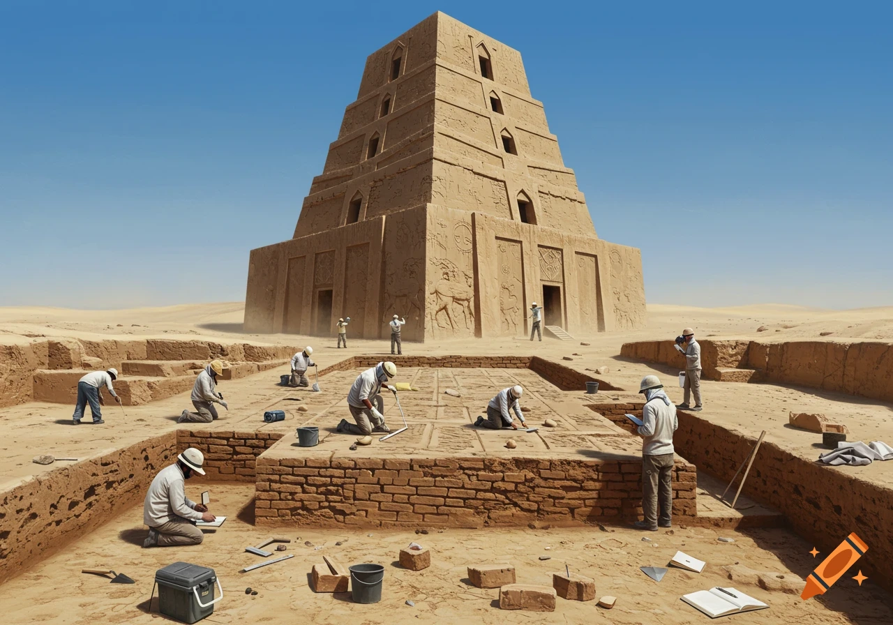 A team of archaeologists excavates around the base of the ancient Chogha Zanbil ziggurat in a desert landscape under a clear blue sky.