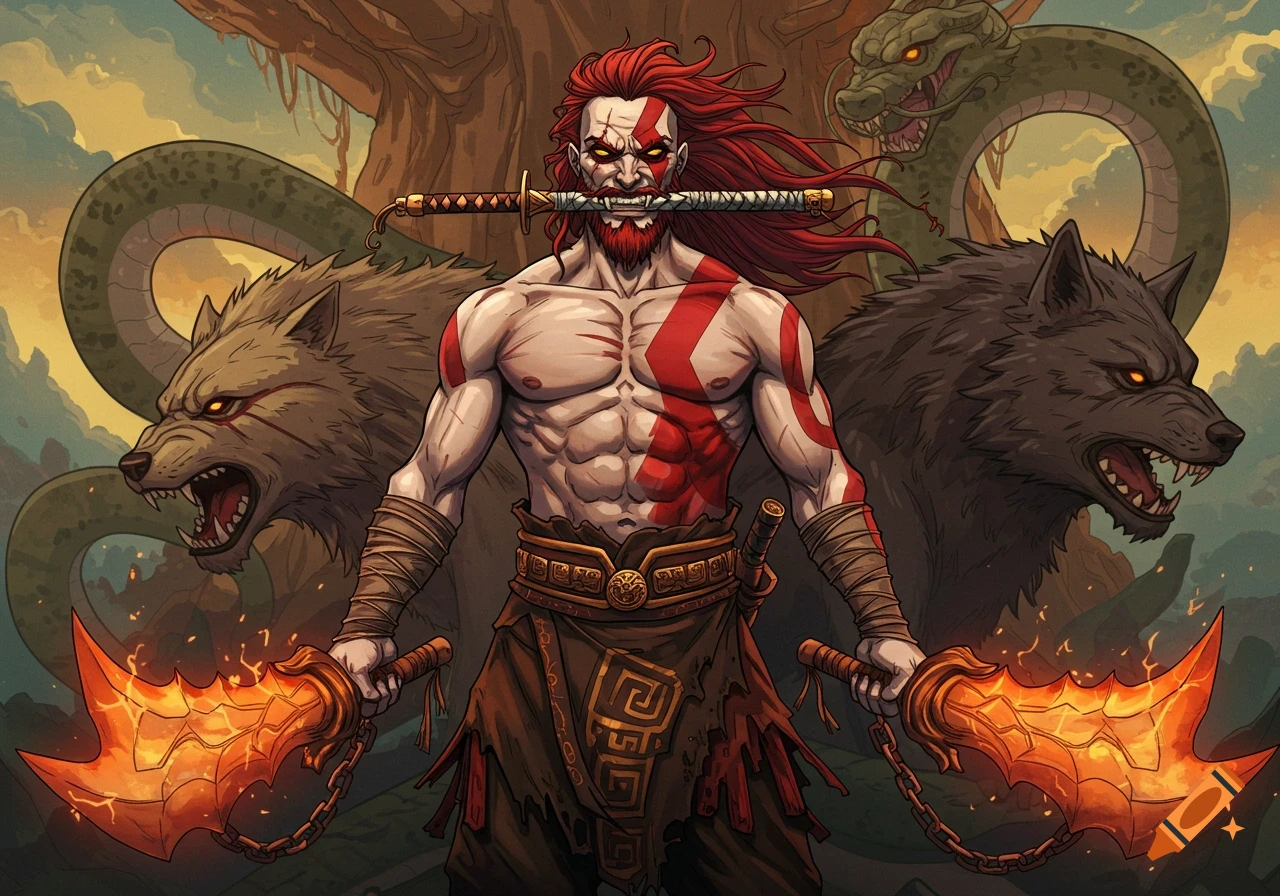 Anime-style Kratos-like warrior with red hair and war paint, holding fiery blades and a katana in his mouth, flanked by wolves and a serpent.