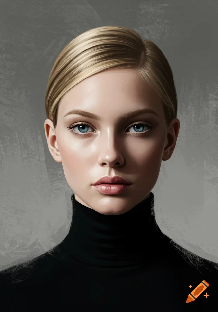 A photorealistic portrait of a blond woman with blue eyes, wearing a black turtleneck against a grey background.