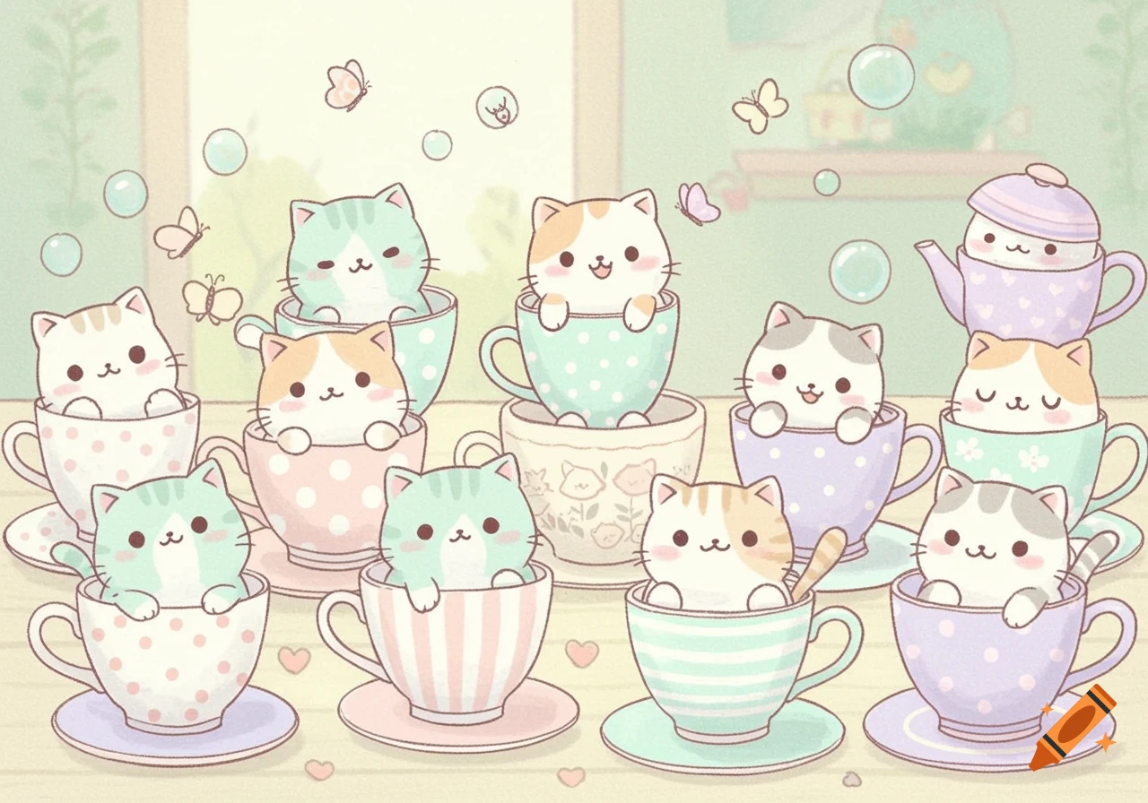A group of cute, stylized pastel cats sitting in various patterned teacups, surrounded by butterflies and bubbles in a whimsical, kawaii illustration.