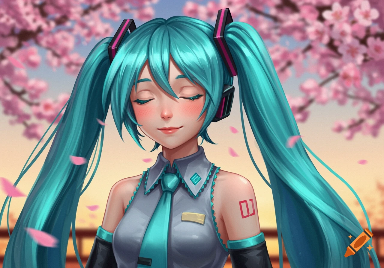 Hatsune Miku with closed eyes, red cheeks, and a smile, under cherry blossoms in an anime style.