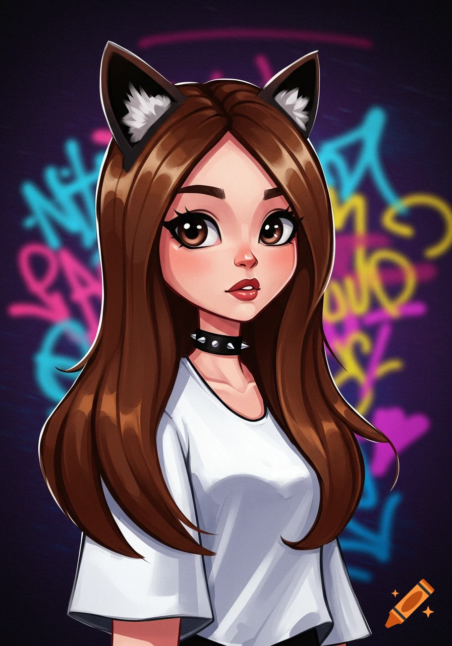 Cartoon character with brown hair, cat ears, and a spiked choker, wearing a white shirt, against a blurry graffiti background.