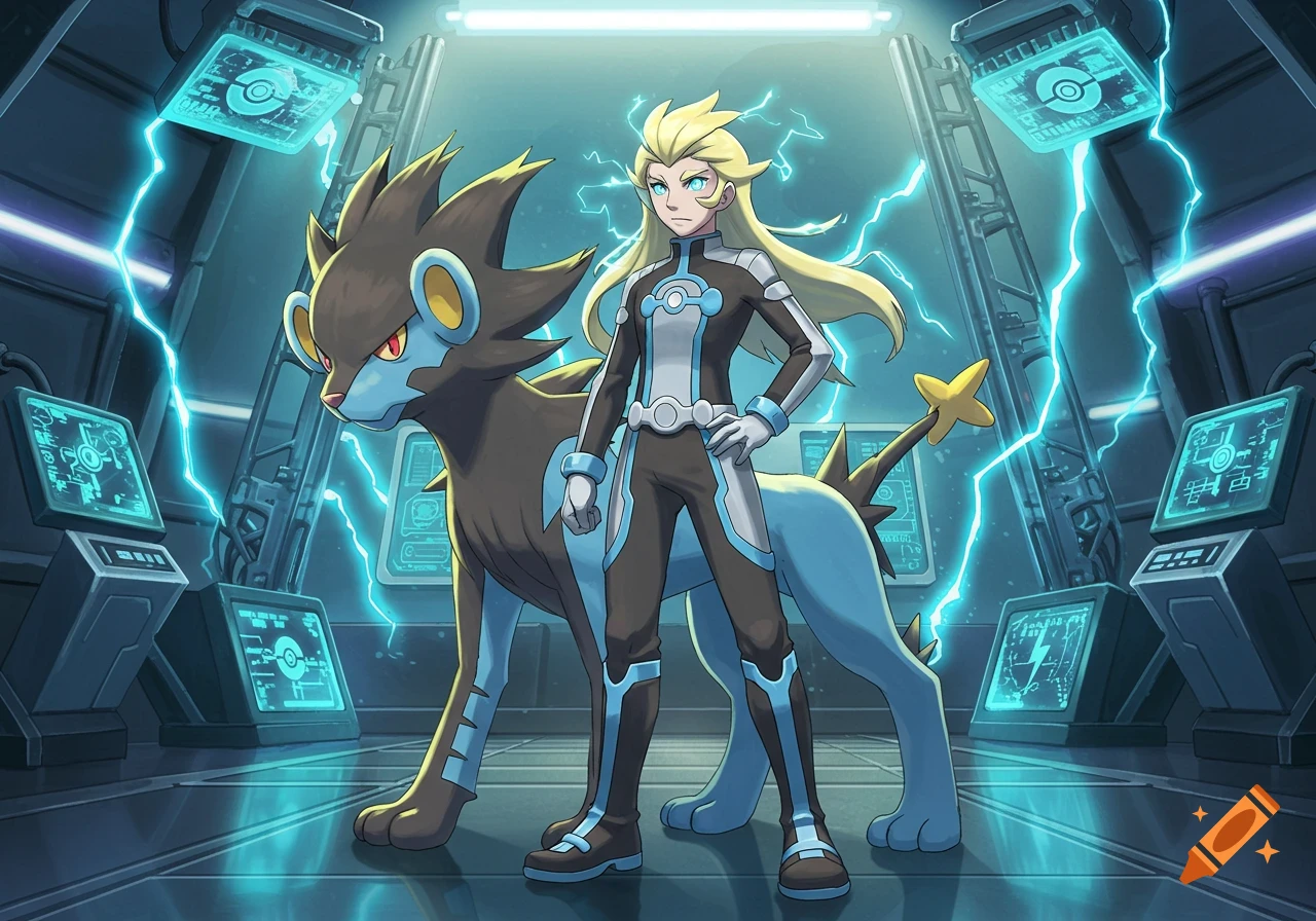 A blonde anime character with a Luxray stands in a futuristic lab with blue lightning.