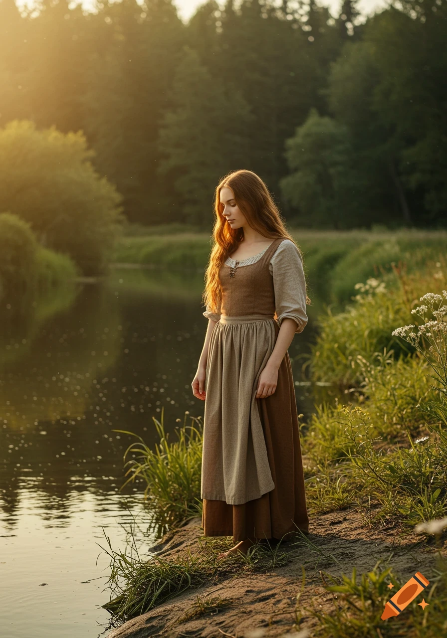 A beautiful long-haired woman in a medieval dress stands by a river at sunset.