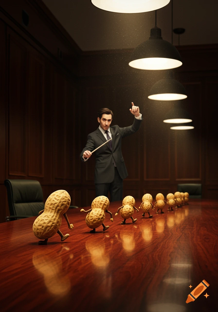 A man in a suit conducts a line of walking peanuts marching across a boardroom table, in a photorealistic surreal style.