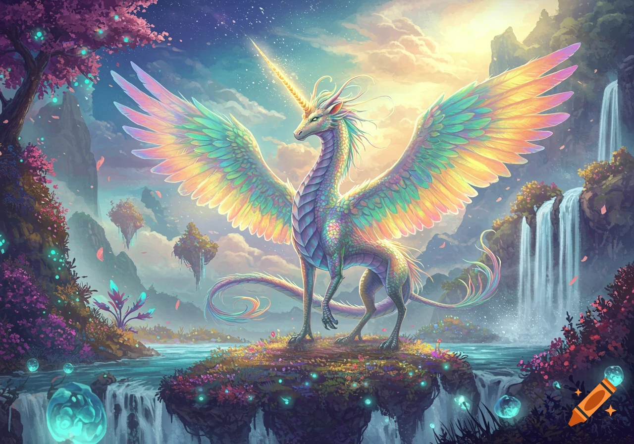 A vibrant rainbow-colored winged dragon-unicorn stands on a floating island amidst waterfalls and glowing flora in a magical fantasy landscape.