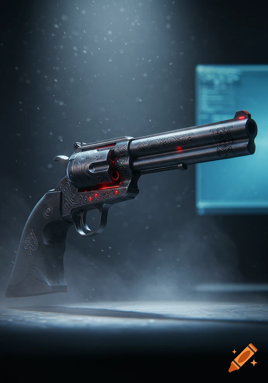 Stylized black revolver with intricate engravings and red glowing accents, set against a blurry blue background with falling particles.