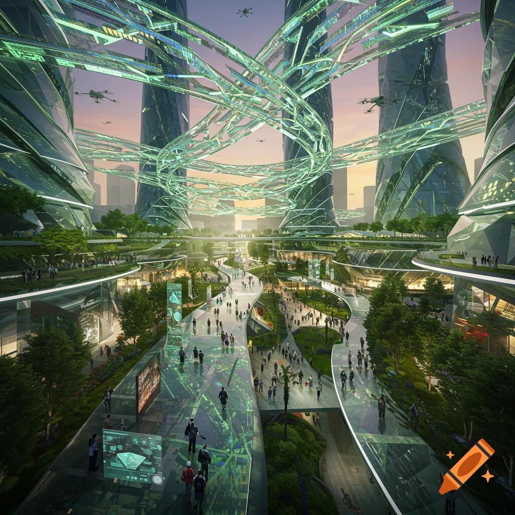 A bustling, green futuristic city with towering skyscrapers, elevated walkways, glowing structures, lush parks, and crowds of people.