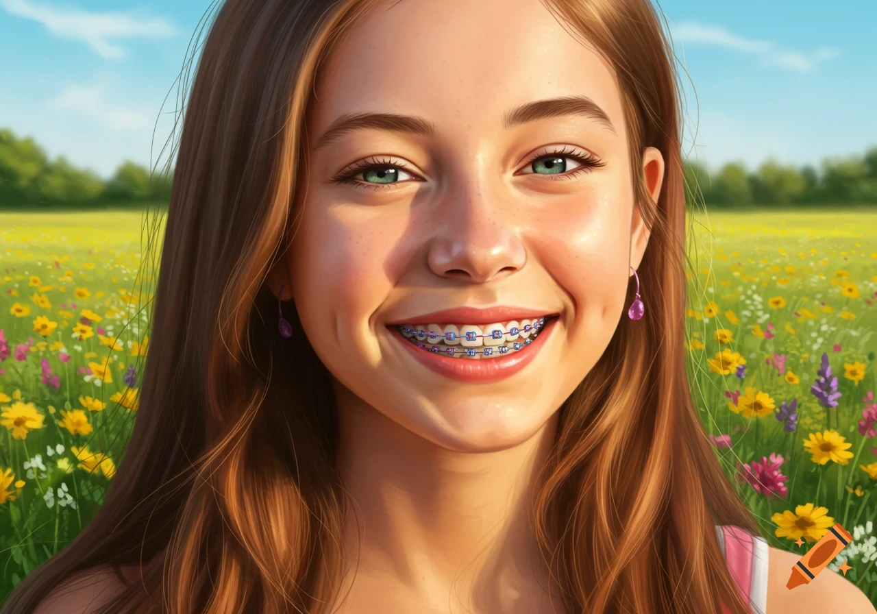 Smiling young girl with braces in a sunlit field of colorful flowers, photorealistic style.