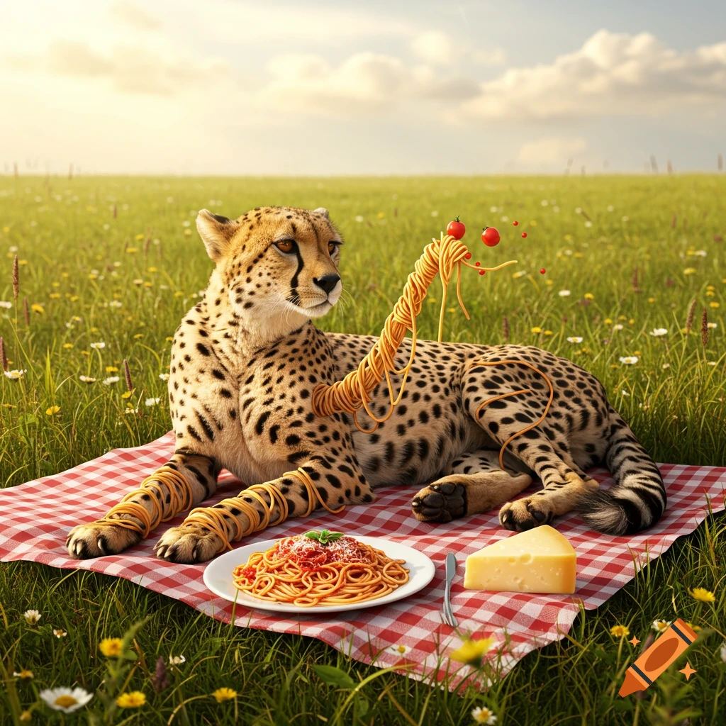 A photorealistic cheetah on a picnic blanket in a grassy field, wrapped in spaghetti noodles leading to a plate of pasta.