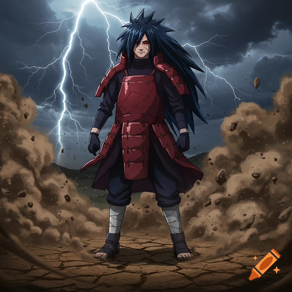 Madara Uchiha stands powerfully in a red armored outfit with lightning striking behind him and dust rising from the cracked ground in anime style.