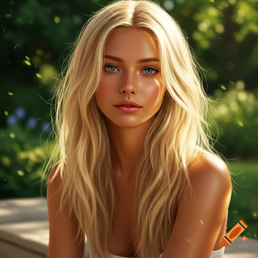 Photorealistic portrait of a blonde woman with blue eyes, looking at the viewer in a sunny outdoor setting.