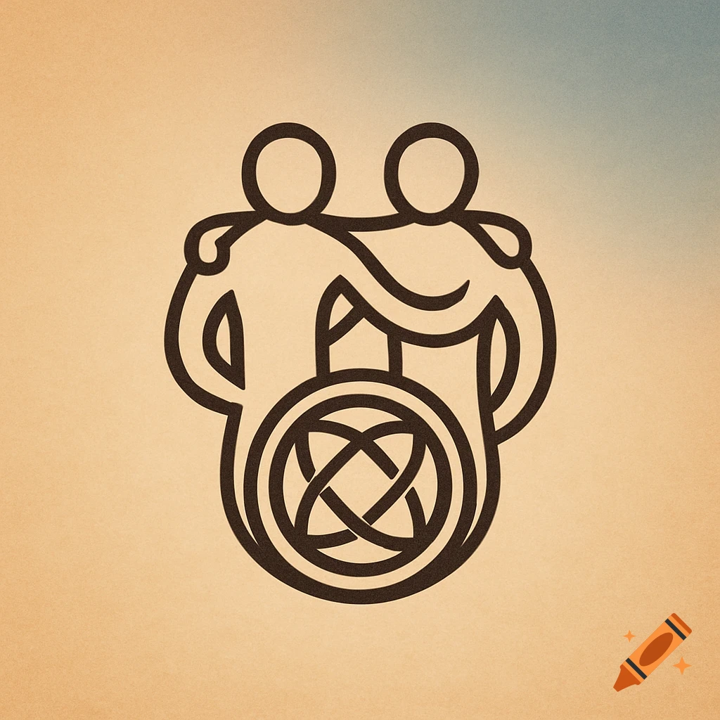 A minimalist line art logo showing two figures, one embracing another in a wheelchair, on a textured gradient background.