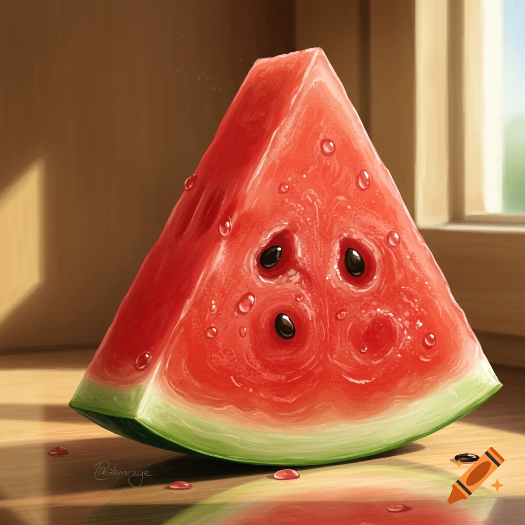 A vibrant, triangular slice of watermelon with glistening water droplets, sitting on a sunlit wooden surface.