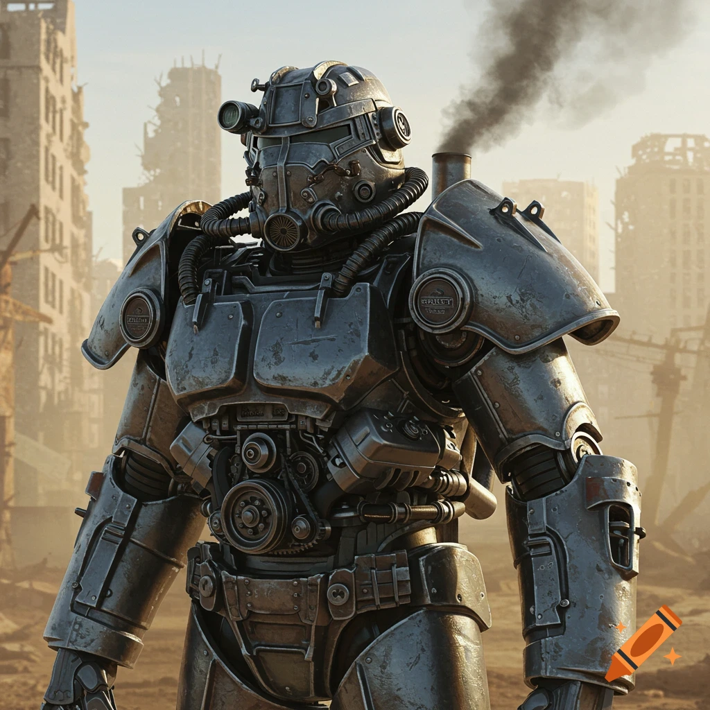 Photorealistic power armor suit stands in a desolate, ruined city under a hazy sky.