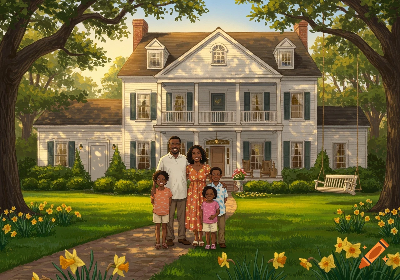 An illustration of a smiling Black family of five standing in front of a large white house with a green lawn and daffodils.