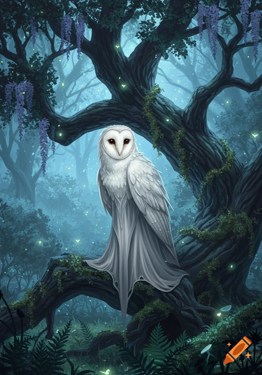 A white owl-like creature with a flowing lower body sits on a mossy tree branch in a dark, mystical forest with glowing fireflies and purple wisteria.