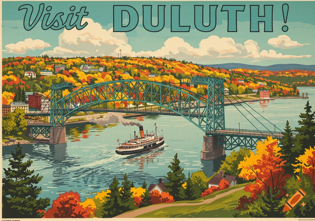 A vintage-style travel poster depicts Duluth, Minnesota, with a large blue bridge, a steamboat on the water, and autumn trees. Text reads 'Visit DULUTH!'