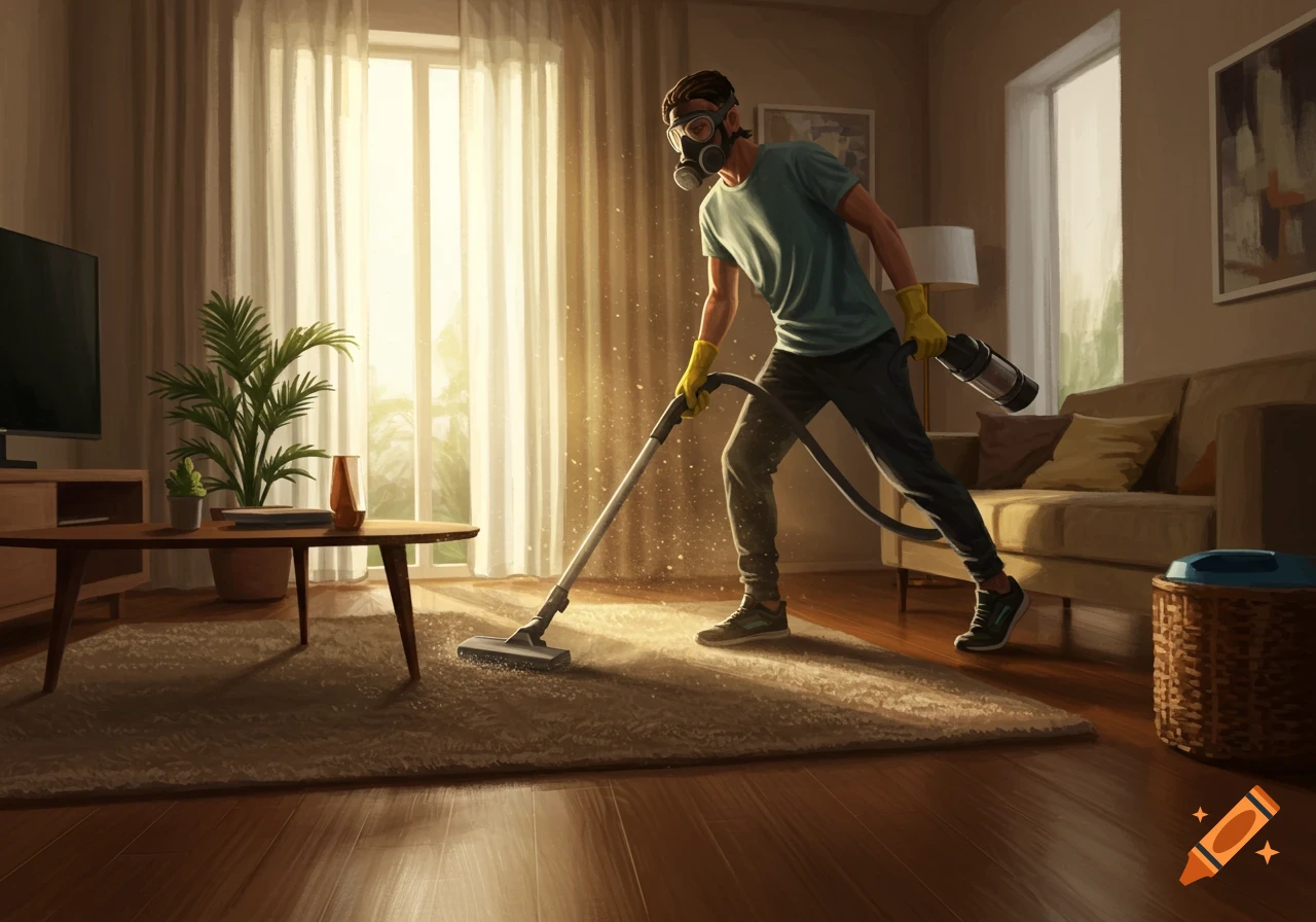 A man wearing a gas mask and yellow gloves vacuums a rug in a sunlit living room, with dust particles visible.