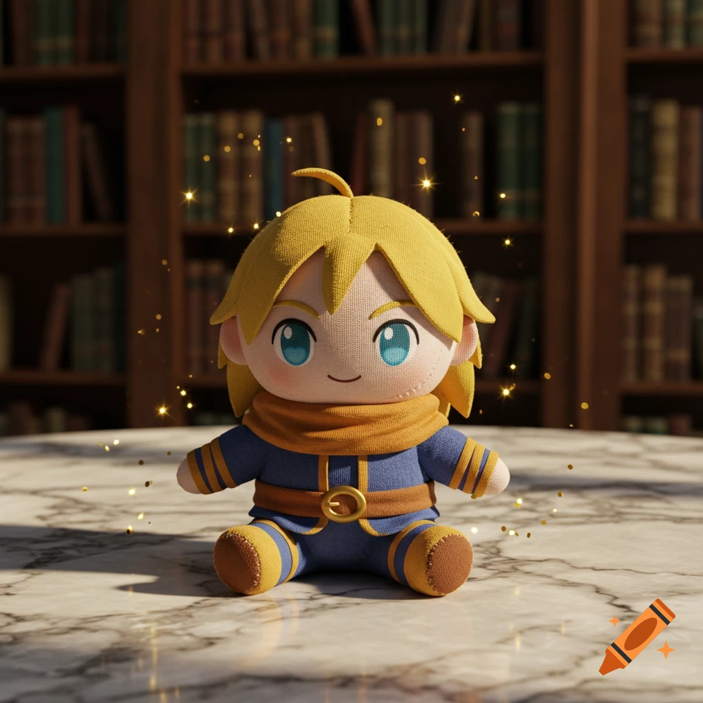 A cute Isaac from Golden Sun fumo plush sits on a marble table in a library, surrounded by golden sparkles.
