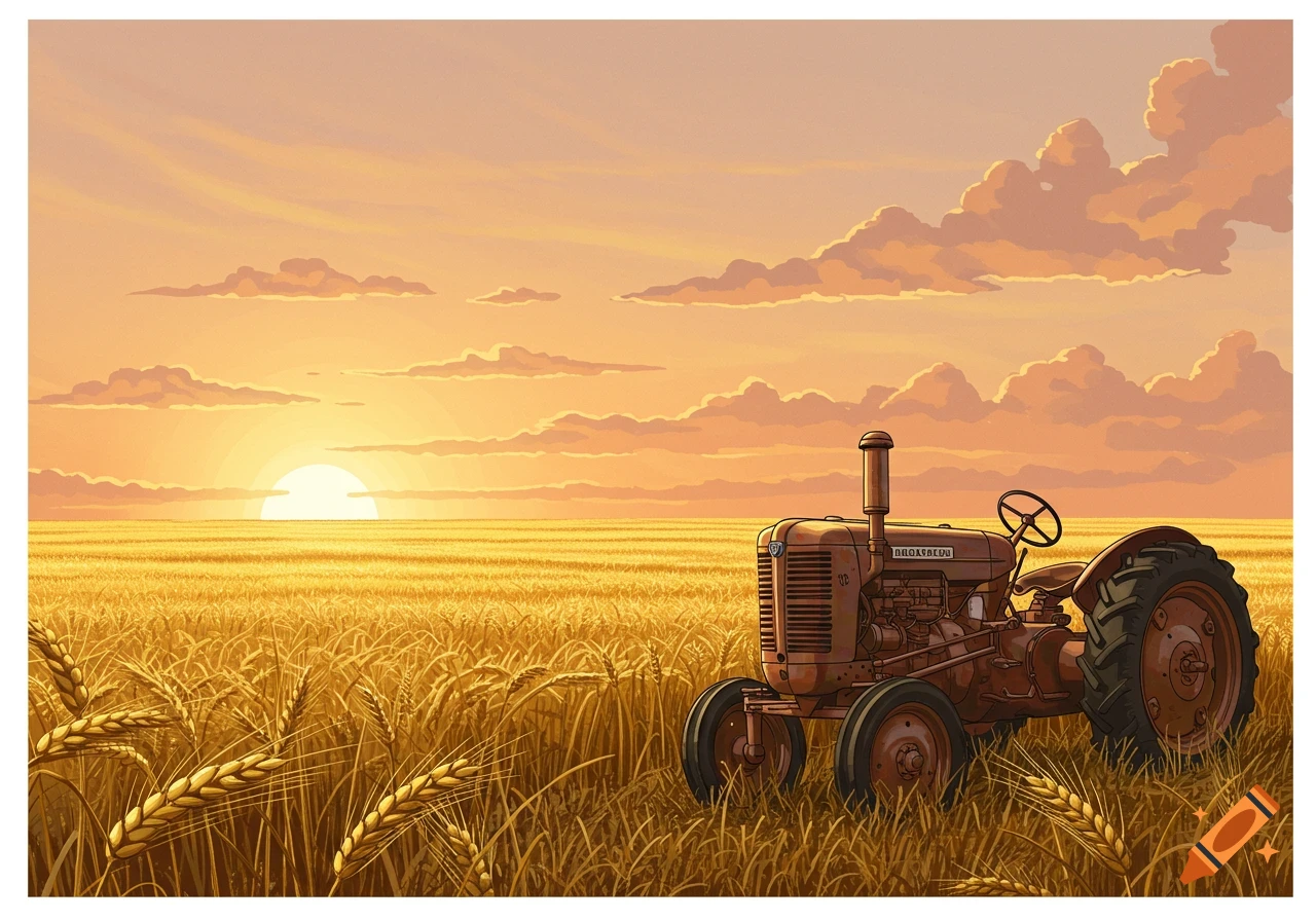 Illustration of a vintage tractor in a golden wheat field at sunset.