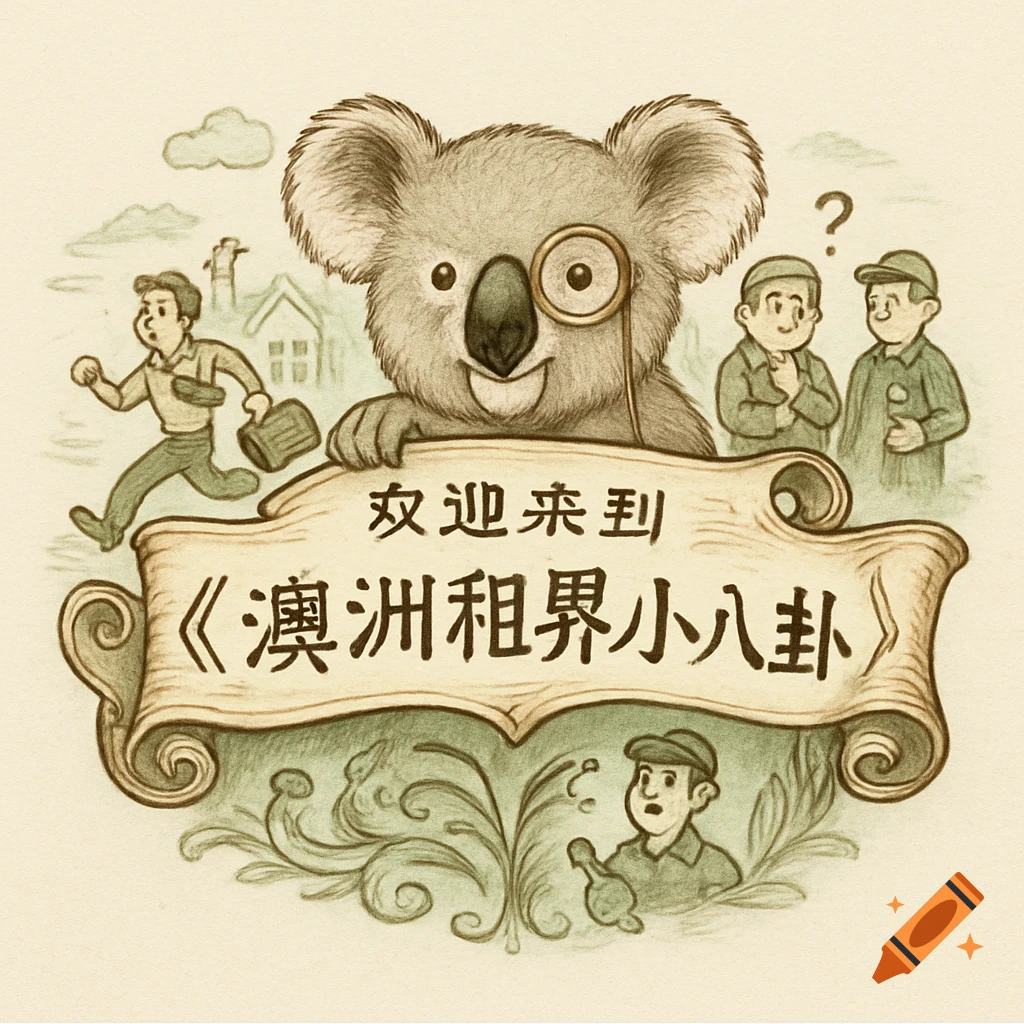 A friendly cartoon koala with a monocle holds a banner with Chinese text. A man runs, two men look confused, and another man is below, in an old-fashioned illustration.