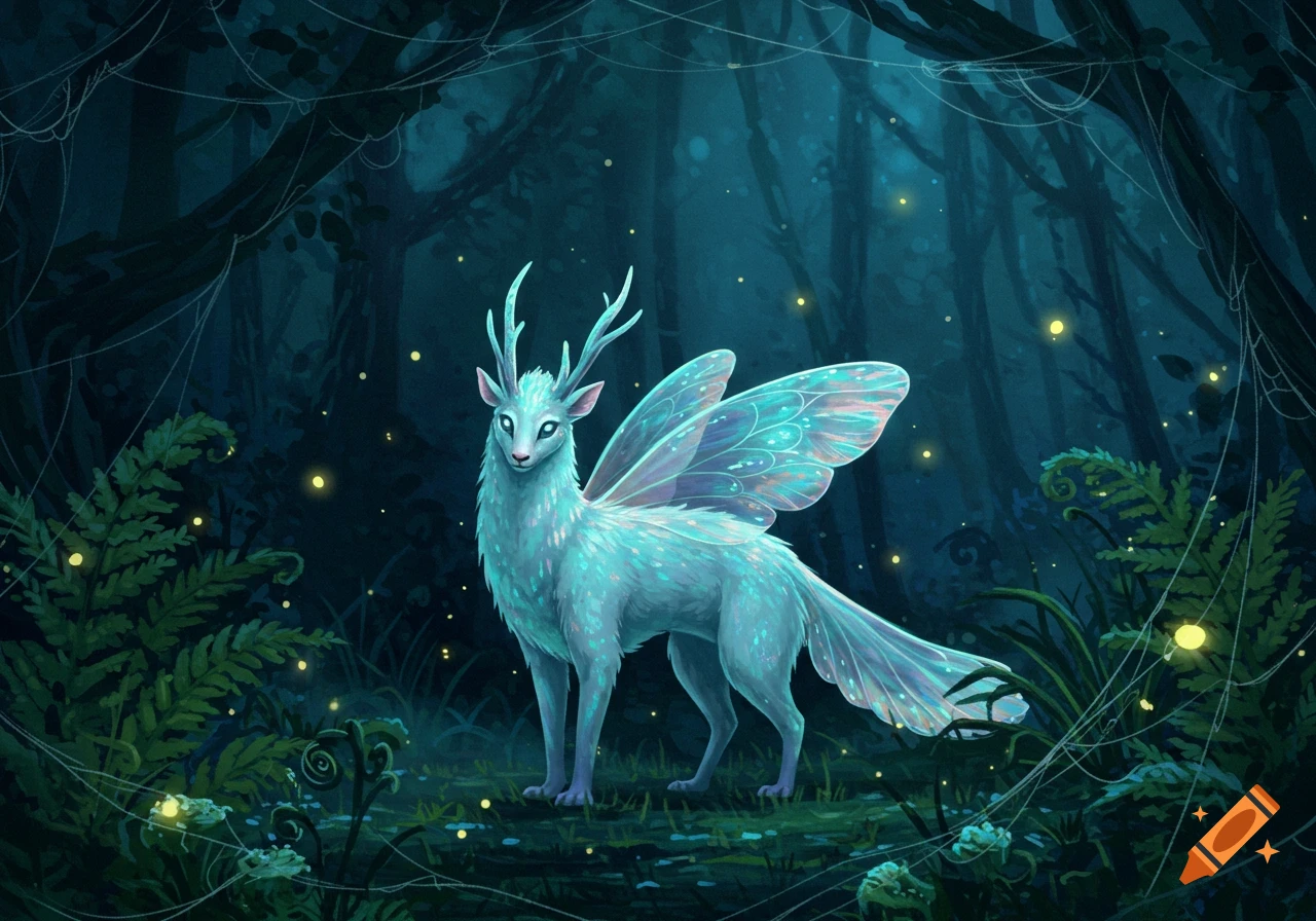 A luminous blue deer-like creature with antlers and iridescent butterfly wings stands in a dark, enchanted forest with glowing fireflies.