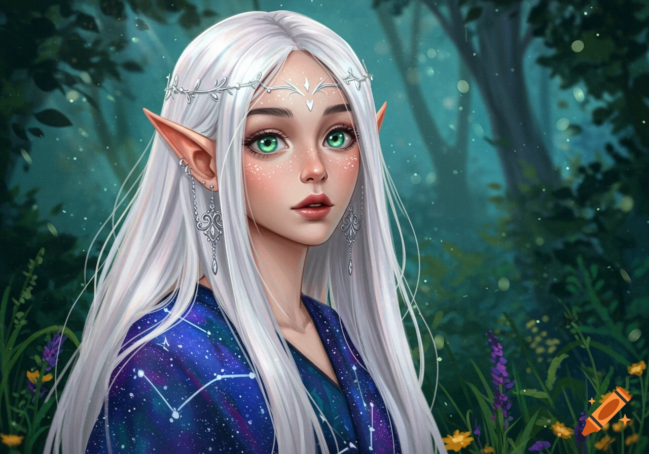 A digital painting of a teenage elf girl with long white hair, green eyes, pointy ears, and a starry robe in an enchanted forest.